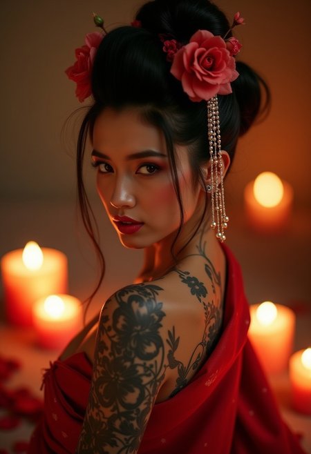 A photorealistic, ultra-realistic, A gorgeous seductive japanese dancer, exuding elegance and grace, adorned with delicate jewelry and traditional flowers in her hair. Her stunning beauty is enhanced by dynamic, fluid movements, creating a sensual and captivating atmosphere. The dancer’s intense emotions are expressed through her mesmerizing gaze and perfectly balanced composition. She wears a sexy version of traditional japanese dancer costume. her tattooed body glistening as candles softly illuminate her silhouette. Her blushing face is captured with intricate detail, reminiscent of Jean Baptiste Monge, Carne Griffiths, Jeremy Mann, and Seb McKinnon, all in a sophisticated Vogue-style aesthetic