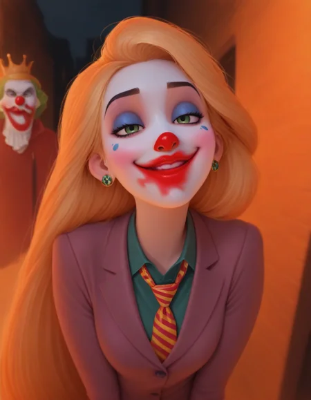 (masterpiece, best quality, ultra-detailed, absurdres, newest, detailed textures, correct anatomy:1), 1girl, joker \(dc\), (clown makeup, white face, smeared lipstick, red lipstick, facial mark, facepaint, blue makeup, red nose:1.3), upper body, solo, empty eyes, (impossible wide smile, crazy smile), half-closed eyes, staring, green shirt, collared shirt, red blazer, yellow boutonniere, loose necktie, striped necktie, multicolored hair, green hair, eerie atmospher, dark alley, complex background, night, <lora:smearedlipstick_IL:1>, smeared lipstick, dim lit <lora:All_Disney_Princess_-_Illustrious:0.5>, Rapunzel  \(disney\), absurdly long hair, green eyes, blonde hair, crown, jewelry, earrings , <lora:AGPV1.1:1>, AGPV1.1, black background, orange theme