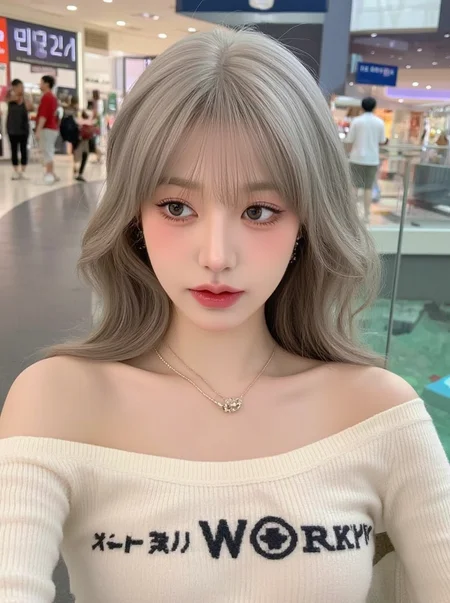 1girl beautiful (21 years old), cute girl, korean girl, big breasts, tall height,), cute makeup, (accurate face), (light grey eyes:1.1), quantum entanglement, (matching realistic eye colors), correct iris structure, 
ultra quality dynamic shadows, ultra quality shadows)), masterpiece, ultra-realistic, masterpiece, best quality, very aesthetic,amazing quality,ultra-detailed,8K, absurdres, (UHD quality details), (photorealism:1.5), depth of field, photorealistic, DSLR quality
silver hair, large breasts, narrow waist, perky breasts, Long wavy hair, bangs, eyeliner, eyeshadow, seductive, kawai girl, in the mall, shoping ,(thigh,off shoulder), white pencil skirt, 
 walking a selfie, looking away,
<lora:Wonyoung_Flux_v1-000003:0.9> ,<lora:wonyoung:0.9>,