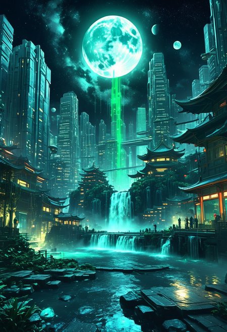 score_9, score_8_up, score_8_up, ((Cinematic composition)),((masterpiece)), (resplendent lighting), absurdres, very fine detail, 8k. Lush futuristic city. 
(by Ellen Jewett:1.5), (Bioluminescent Impressionism, Chinese futuristic cityscape , full moon in the night sky, waterfall from tall buildings, ethereal landscapes, depth of field, biotech emotion:1.3) <lora:xl_more_art-full_v1:0.5> <lora:add-detail-xl:1> <lora:RMSDXL_Creative:2>