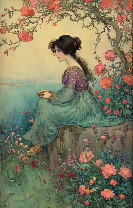 masterpiece,best quality,<lora:tbh144-sdxl:0.7>,patten,computer,flowers,illustration,style of Warwick Goble
