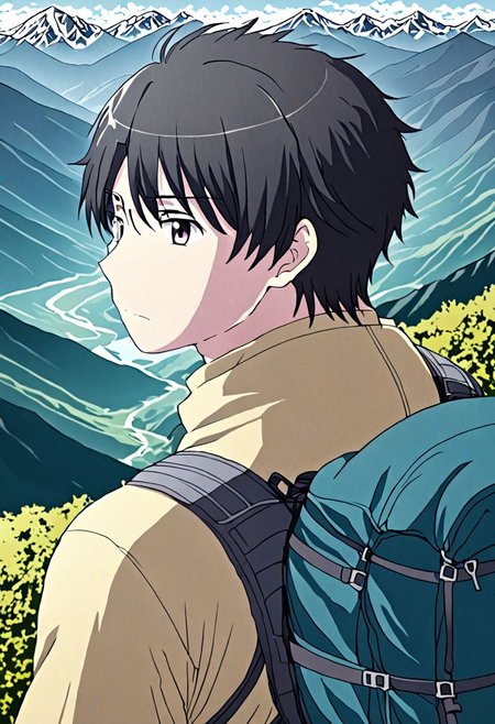 high resolution, solo, best quality, 1Boy, Inaho Kaizuka, Black Hair, landscape, upper body, look at the view behind, upper body, high mountain, hiking gear, OverallDetail