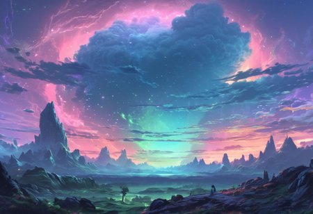 serene night, beautiful sky, apocalyptic, silhouette, Complex landscape, best quality, pastel colors, light blue tint, aesthetic Ethereal, Effulgent, Idyllic atmosphere, Tranquil, ethereal quality, cinematic volume, Twinkling lighting, glowing aura, global illumination, glowneon, Anisotropic Filtering, Unrivaled Opus, Unconventional, hyper detailed, HDR,