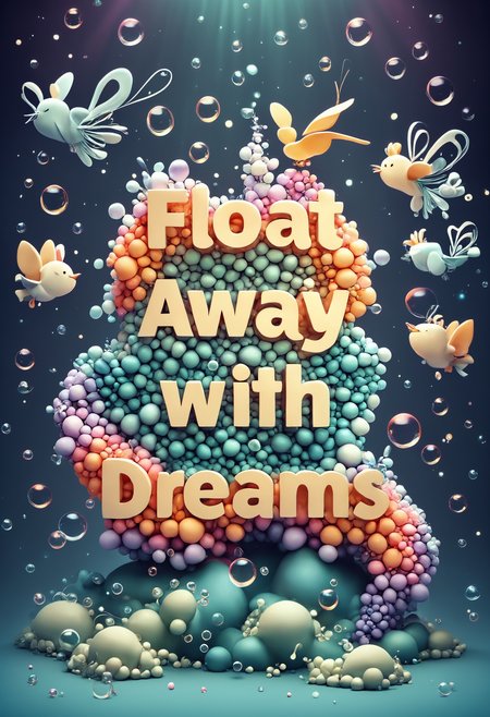 text "Float Away with Dreams", animals made of bubbles floating . silhouette, clean cuts, paper, sharp edges, minimalist, color block, colorful, surreal, dramatic, amazing composition, elegant, sharp focus, highly detailed, cinematic light, professional still, intricate, fantastic colors, perfect background, stunning fine detail, creative, positive energetic, cheerful, unique, beautiful, cute, hopeful, pure, fancy, full color, inspired, vibrant, glowing