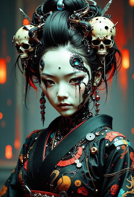 A cybernetic geisha in a traditional kimono, adorned with intricate hair decorations including a skull, stands in the center of the image. Her pale, artificial face is emotionless, (with dark, dripping lines under her eyes:1.5). . The background is a blend of eerie and mesmerizing, fusing traditional Japanese aesthetics with cyberpunk elements to create a surreal, dystopian atmosphere. deep depth of field, photography, Natural geographic photo, Hyper-realistic, 16k resolution, (masterpiece, award winning artwork), many details, extreme detailed, full of details, Wide range of colors, high Dynamic,  grimdark, mythp0rt, FredFraiStyle, mad-cybrpnkimprss, painting  <lora:- Flux1 - vanta_black_V1.0.safetensors:0.5>,  <lora:frazetta_flux_v2-000150.safetensors:0.5>,  <lora:FluxMythP0rtr4itStyle.safetensors:0.5>,  <lora:Neon_Cyberpunk_Impressionism_FLUX.safetensors:0.5>,  <lora:ARTifacts.safetensors:0.5>,  <lora:Movie_Portrait.safetensors:0.5>,