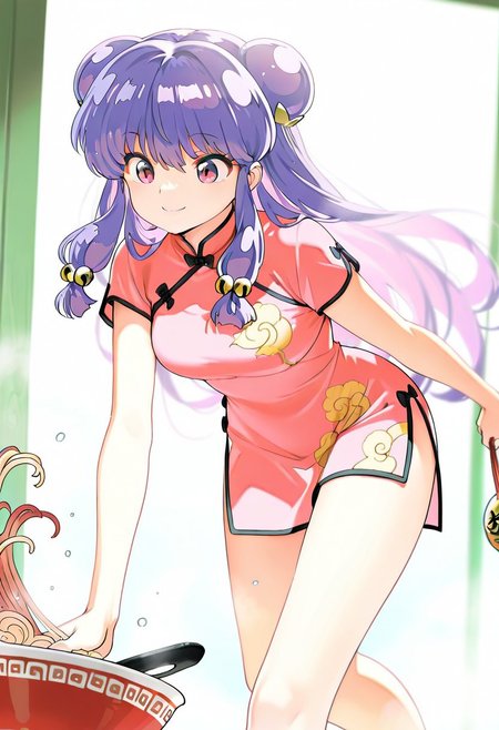 masterpiece, best quality,
shampoo, 1girl, solo, pink eyes, purple hair, knee-length hair, double hair bun, hair ornament, hair bell, sidelocks, bangs, fringe and two strands hanging in front,
outfit_remake, chinese clothes, ((side slit)), slender legs, 
riding a bicicle, ramen in one hand, smile