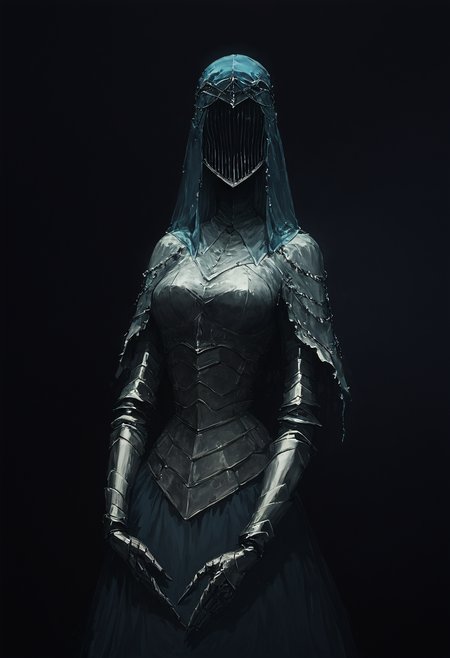 score_9, score_8_up, score_7_up, <lora:DancerOTBV:0.8> faceless, armor, helmet, veil, gauntlets, medieval, dark theme, silver trim,  <lora:Dark Pony:0.7> Dark style