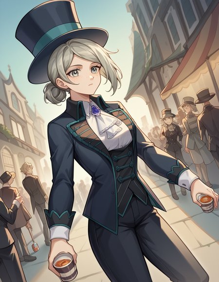 score_9, score_8_up, score_7_up, source_anime, <lora:reverse1999-vertin-ponyxl-lora-nochekaiser:1>,, vertin, freckles, grey eyes, grey hair, hair bun, short hair, medium breasts,, hat, suit, top hat, long sleeves, pants, black pants, ascot, gemstone,, street market, vendor, street food, bustling crowd, local flavor, vibrant, , , hand holding a cup, solo,, cowboy shot, dutch angle