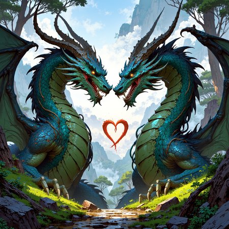 two dragon love each other, a dreamlike valley, aural light, hearts, 