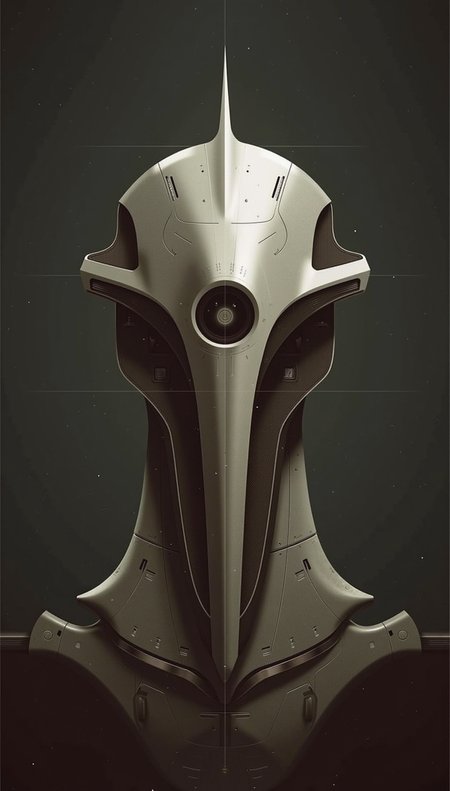 YFG-SRS, YFG-Taal, sharp photo of a digital illustration of a futuristic helmet. The helmet is made of metal and has a metallic sheen. It has a pointed top with a small finial on top. The front of the helmet has a large circular hole in the center, which appears to be a circular emblem. The emblem is made up of small circles and lines, and is surrounded by a dark brown border. The background is a dark grey color, and the overall mood of the image is ominous and ominous.