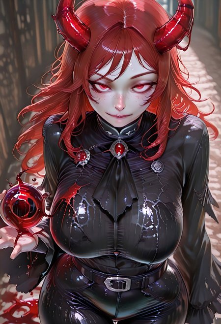 very aesthetic, masterpiece, best quality, highres, absurdres, amazing quality, high resolution, 1girl, solo, medieval background, detailed eyes, perfect eyes, expressive eyes, Expressiveh, vivid colors, realistic lighting, perfect anatomy
Red Eyes, long hair, red hair, pale skin, voluptuous, cellulite, chubby, large breasts, ((uneven eyes)), freckles, lots of freckles, crazy eyes, wide hips
black gloves, sharp fingers, black shirt, button up shirt, button down shirt, black ascot, black frills, buttons, wide sleeve cuffs, black belt, black cuffs, gambeson, black leggings, shiny leather

blurred blood bending horns, liquid horns made of blood stream), blurred fleshy red horns roots,  bending blood in the shape of a (swirling orb:1.3), high angle, close-up on hands,reflective blood textures, intense, mystical atmosphere,