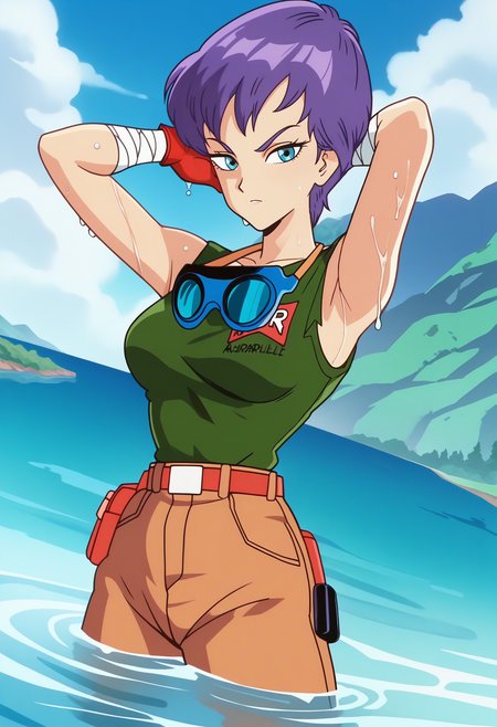 score_9, score_8_up, score_7_up, score_6_up, anime screencap, anime coloring, <lora:DBExtraGirl14:0.9>, DBExtraGirlViolet, 1girl, solo, purple hair, short hair, blue eyes, breasts, 
goggles around neck, green tank top, bandaged arm, red gloves, belt, brown pants,
river, wet, looking at viewer, arms behind head, armpits, wet clothes, serious, wading, legs apart, dutch angle, water, legs,
BREAK outdoors, sky, day, sunlight,