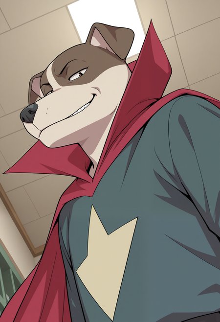 masterpiece,best quality,amazing quality, 1boy, solo, s34nc3, furry, red cape, blue tunic, close up, side angle, smirk, smug, looking at viewer, indoors, dorm room,