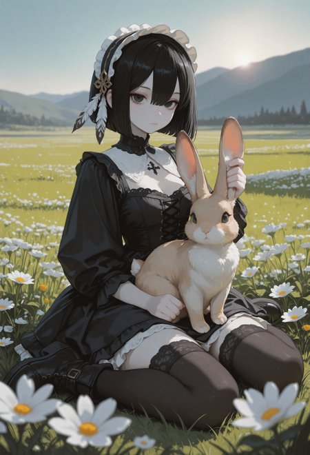 masterpiece, newest,absurdres,incredibly absurdres, best quality, amazing quality, very aesthetic,no lineart,no outline, 1girl, black hair, bob cut, hair between eyes, feather hair ornament, frilled hair band, detached collard, lace trim,  solid black eyes, looking at viewer, expressionless, pale skin, goth fashion, frilled black dress, square neckline, black thighhighs, zettai ryouiki, ankle boots, wariza, grabbing another's ears, ear fondling, animal, animal focus, rabbit, sitting on lap, outdoors, meadow, weed,  lush nature, blooming flowers, clear sky,backlight, straight on, blurry foreground, depth of field, painterly, scenery, hr2_yc_illu,1990s (style), usnr