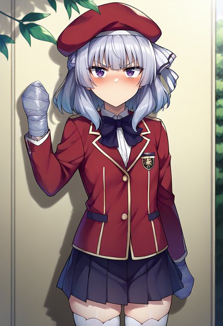 score_9,score_8_up,score_7_up,score_6_up,score_5_up,score_4_up,
1girl, sakayanagi arisu, short hair, french braid, beret, school uniform, black pleated dress, white thighhighs, bowtie, hair bow, red jacket, small breasts, angry, blush, 
solo, cowboy shot, outdoors, dappled sunlight, against wall, leaf, looking at viewer, 
taped fingers, no mouth, 
<lora:tapedhandsmerge2:1> <lora:arisuponyxl-15:1> <lora:mouthless-15:1>