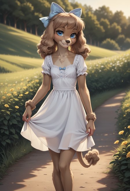 score_9, score_8_up, score_7_up, source_furry, high quality, perfection, detailed, aesthetic, well-lighted,
meadow, road,
1girl, solo,
furry female, anthro, furred body, fluffy fur, beautiful girl, cute girl, young, youthful, beautiful face, beautiful eyes, perfect eyes, detailed eyes,
poodle girl, light-brown fur, small breasts, blue eyes,  
white sundress, hair bow,
smile, looking at viewer,
<lora:princess_xl_v2:0.6>, <lora:p_ami_v10_adafactor:0.4>, <lora:incase-ilff-v3-4:0.5>, <lora:CleanDetailed_Eyes:0.25>,âââ