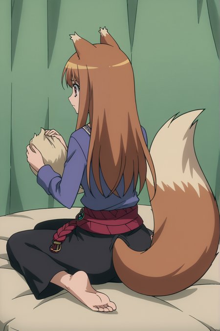 score_9, score_8_up, score_7_up,anime_source, source_anime, best background, detailed background, anime screencap  Holo, Main Outfit, solo, sitting, barefoot, holding own tail  <lora:JN_Holo:0.8>