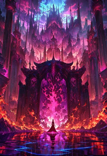 serene night, beautiful sky, dancing silhouette, Complex landscape, best quality, scary colors, light red tint, aesthetic hellscape, Effulgent, Idyllic atmosphere, hellfire, demonic, fire pool, throne, throne room, global illumination,  glowneon, Anisotropic Filtering, Unrivaled Opus, Unconventional, hyper detailed, HDR,