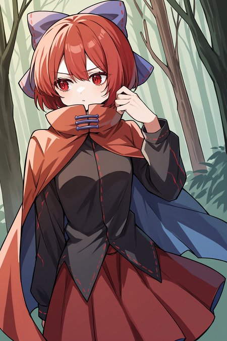 score_9, score_7_up, source_anime, forest, hand to face, looking away
BREAK
1girl, solo, sekibanki, red hair, red eyes, blue bow, black shirt, long sleeves, red skirt, two-tone cape
 <lora:sekibanki:1>
