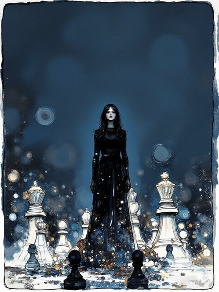 An illustrated image of a woman surrounded by large, floating chess pieces in the middle of an empty city square. <lora:InkEdgeMono-Complex_Epoch-08:1.1> 1NK3D63-M0N-C0M,  
<lora:inkedgemono-simple_epoch-08:0.8> 1NK3D63SIM, 
background is midnight blue <lora:Midjourney_Whisper_AgateX_v1:0.7>, border is charcoal grey
 <lora:Midjourney_Whisper_Minimal:0.9>
| no deformed hands, no too many limbs, no too many fingers,
