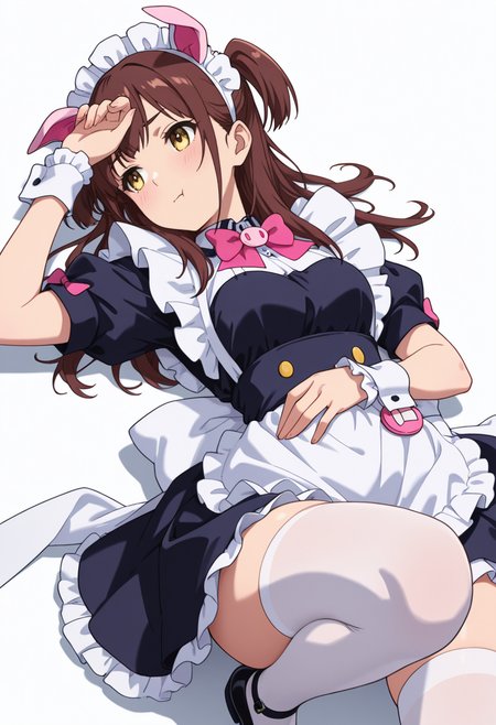 Smooth Quality,masterpiece,very intricate, high quality details, ultra realistic, high detailed skin,detailed enviorement,absurdres,
 <lora:Wahira_Nagomi_CNR:0.8> wahira_cnr, 1girl,brown hair, long hair, two side up, yellow eyes,pig ears, fake animal ears,maid, maid headdress, maid apron, puffy short sleeves,white thighhighs, black footwear, wrist cuffs, frills, pink bowtie,, simple background, white background, front view,solo,
lying supine, one knee up, arm draped over forehead, other hand on stomach  ,, :t,