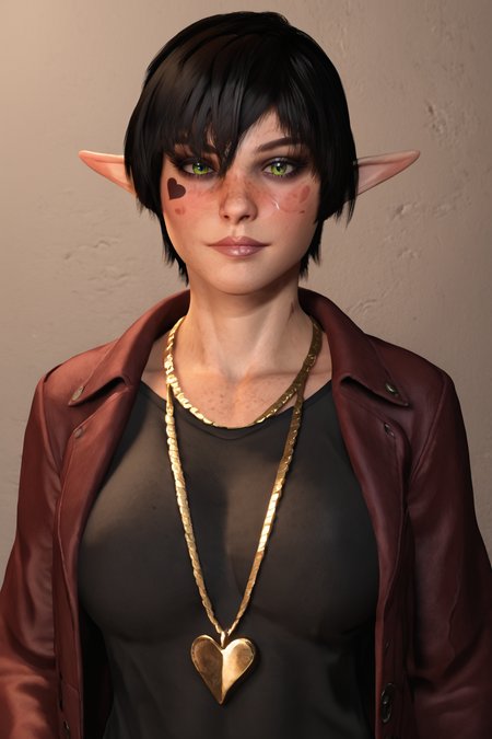 score_9, score_8_up, score_7_up, 3d, blender, cinematic, photorealistic, extremely detailed, perfect face, beauty face, gorgeous face,
1girl, solo,<lora:Verasca_WIP-000057:0.6>  muscular,  freckles, face freckles, body freckles, black limbs, gradient arms, black hair, short hair, pixie cut, green eyes, partially covered eyes, elf ears, heart tattoo, scar on face,
black top, shirt, <lora:Fur_Coat:0.8> red Fur Coat, golden necklace, jewelry, multiple necklaces, shiny, gold,  looking at viewer,