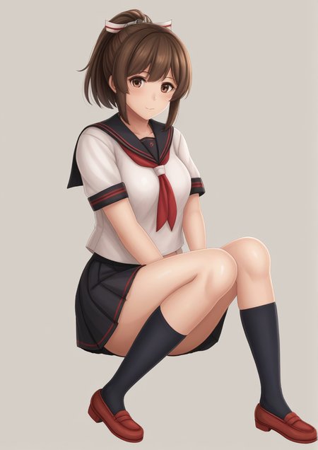 1girl, shikinami (kancolle), shikinami kai ni (kancolle), by kodoto, black sailor collar, black skirt, black socks, brown eyes, brown hair, full body, kneehighs, pleated skirt, ponytail, sailor collar, school uniform, serafuku, short hair, short sleeves, skirt, solo, zPDXL3, <lora:yeoljoo:0.8>,