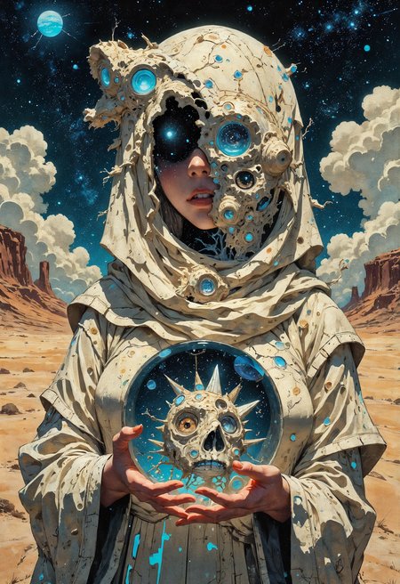 (in Otomo Katsuhiro style:1.2), masterpiece, high-quality, An oracle whose face is obscured by a delicate veil embroidered with constellations, her eyes glowing faintly beneath, She holds a crystal sphere showing a reflection of her inner self revealing abstract shapes of nature technology and myth, She stands in an endless desert under a sky filled with shifting constellations and cosmic clouds, cosmic veil, inner vision, celestial desert, Stylized anime-fantasy with soft otherworldly light and intricate fabric details, (elaborate fine details:1.1), (hyperdetailed:1.1), (intricate details:1.0), (Refined details:1.1), (best quality:1.1), (high resolution:1.2), <lora:FLUX\Anime v1.3:0.6> <lora:FLUX\VividlyReal:0.6> <lora:FLUX\FLUX-daubrez-DB4RZ:0.4>