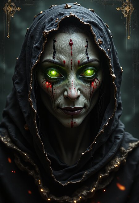 ws, this composition envisions a surreal and haunting portrayal of Mater Lachrymarum, the Mother of Tears. The scene features a close-up portrait of a smiling woman, her face half-shrouded in shadow, green eyes glowing. Her expression is a blend of grief and mystique, as if she carries the burden of ancient sorrows. The texture of the artwork reflects a unique combination of materials: the background is painted in the style of an oil painting, with brushstrokes that are rich and tactile, while her featuresâparticularly the reflective surface of her cloakâare rendered in copper, giving them a metallic sheen. The overall tone is dark yet luminous, blending classical painting techniques with a modern, metallic finish, evoking both emotional depth and otherworldly beauty. Hints of glowing red are subtly incorporated into the metallic elements, adding to the ethereal quality of her presence.