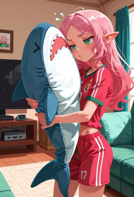 solo,
living room, holding ikea shark, o3o, imminent kiss, >_<. comedic sweatdrop,
elf girl, skinny, pink hair, green eyes, soccer jersey,
t4kar4i_illu, no_outlines, no lineart,
masterpiece, best quality, absurdres, [dynamic pose]