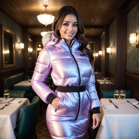 (Cinematic Shot:1.3) (skinny, slim, abs, big boobs:1.3) ((Photo Focus, DOF, Aperture, insanely detailed and intricate, character, hypermaximalist, hyper realistic, super detailed, (lens flare))) (Wearing a puffer_downsuit satin dress downsuit:1.3) (at a romantic restaurant:1.3) (smile:1.3) 
<lora:puffer_downsuit_v1:0.6>
