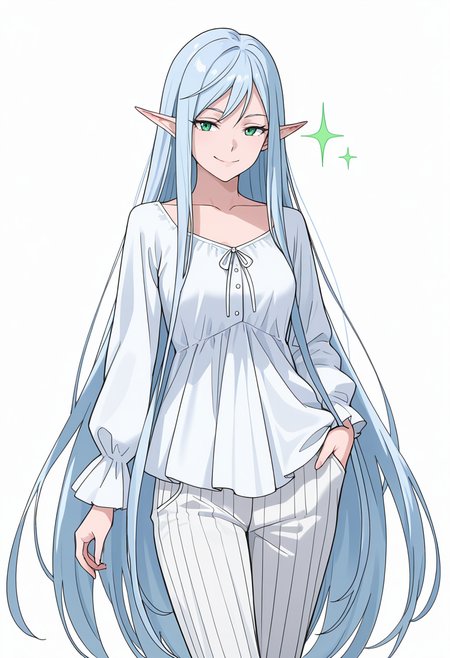 Smooth Quality,masterpiece,very intricate, high quality details, ultra realistic, high detailed skin,detailed enviorement,absurdres,
simple background, white background,
walking pose, one hand in pocket, head slightly turned, casual stride, confident aura,  ,front view,naughty face,
 <lora:El-Ru_Sarion_Elmesia_cnn:0.8> elmesiacnn,1girl, green eyes, pointy ears, blue hair, very long hair,
blouse, ,shirt, ,pleated pants,