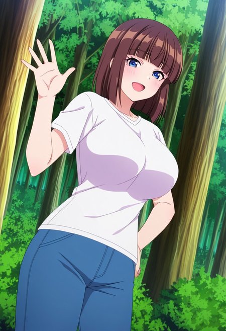 general,highres, ultra-detailed,very aesthetic,best quality ,best hands,best eyes,easynegative,
dynamic anglre, dutch angle, anime cloring,anime screencap,
1girl solo,looking at viewer,forest, camp,outdoors,waving hand,open mouth,hand on hip, 
Touko SAIONJI,brown_hair, short_hair, hime cut, huge_breasts,shirt, pants,