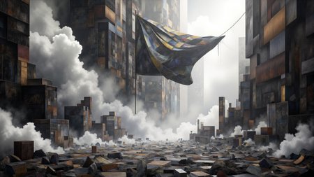 black-toned Social Realism photo of an abyssal futuristic flag in a storm in a bright decrepit city, intricate white and black and white reticulation, magical, arid, billowing bright dust, very detailed <lora:midjourney_whisper_chromaplex_v1:1.1>