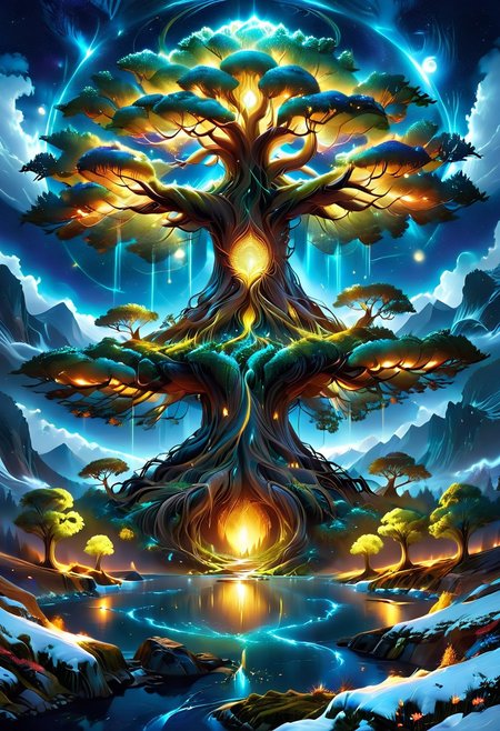 A captivating night scene illustration Yggdrasil tall on a large snowy mountain overlooking a lake. lthndrtrl, Yggdrasil, emits a warm glow, highlighting its incredible magic and grandness. The snowy  hill is covered in great pine trees, reflecting on the calm, moonlit snow  that mirrors the silvery moonlight. The full moon graces the sky, casting an ethereal glow on the clouds and mountain, while wispy clouds partially obscure its brilliance, adding to the scene's mystique. Twinkling stars dot the sky, creating a celestial tapestry that harmonizes with the moon's radiance. This enchanting artwork captures a serene and peaceful night, where the illuminated Yggdrasil stands resolute amidst the celestial beauty, creating a cinematic experience., illustration, cinematic, lthndrtrl, Yggdrasil
<lora:DonM3t3rn1tyXL-v1.1:0.7>, DonM3t3rn1tyXL,
OverallDetailXL  <lora:MJ52:0.3>  <lora:SDXLFaeTastic2400:0.4>  <lora:EpicF4nta5yXL:0.7>