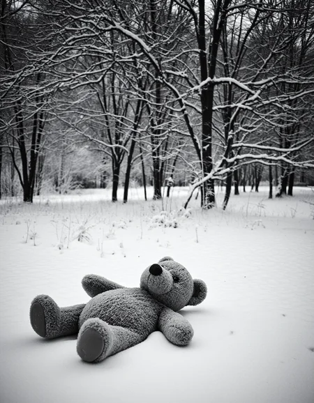 FUJIFILM ETERNA, analog film stocks, cinematic, achromatic grayscale photo of on old forgotten teddy bear laying in a park in snow