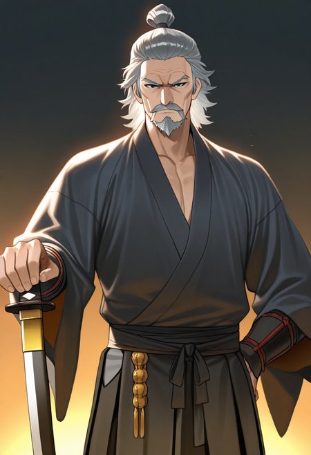 1boy, older male, mature male, An elderly samurai with long, flowing grey hair tied in a loose topknot, his scarred, weathered face exuding wisdom and resolve. He’s dressed in a tattered kimono with muted red and black hues, adorned with battle-worn lightweight armor. His katana, sheathed at his hip, has a rugged hilt wrapped in dark cloth. Rendered in a vibrant anime style inspired by Danmachi—crisp black outlines, soft gradient shading, and a heroic yet grounded presence. The scene is set on a misty battlefield at dawn, with faint warrior silhouettes in the distance and a warm golden glow piercing the fog. Masterpiece, best quality, highly detailed, dynamic composition, dramatic anime lighting. <lora:DanMachi_Style:1>