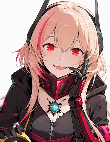 Volumetric Lighting, (masterpiece), (best quality), (ultra-detailed), masterpiece, source_anime, score_9, score_8_up, score_7_up BREAK, illustration, disheveled hair, detailed eyes, perfect composition, moist skin, intricate details, detailed eyes, detailed face, (((detailed fingers))) BREAK, long hair, blonde hair, pink hair, streaked hair, red hair, red eyes, BREAK, SopmodMOD3, MOD3_short_jumpsuit, MOD3_coat, MOD3_battle_mask, MOD3_chest_jewel, MOD3_coat_straps,single mechanical arm, MOD3_headgear, MOD3_single_glov, banana (girls' frontline) BREAK, ((white background)), looking at viewer, open mouth, upper body, smile, face focused, hand up