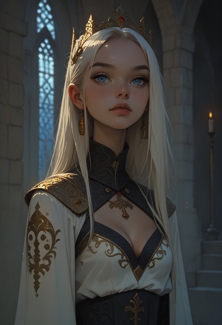 FFAnime Style, Score_9, Score_8, Score_7, 1girl,young princess, white hair, light blue eyes, portrait, ceremonial robe, white outfit with gold designs, castle interior  ,cleavage