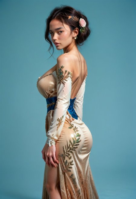 score_9, score_8_up, score_7_up,
JDMAI_ARIEL_SARI, JDMAI_KEBAYA, pureerosface_v1, tight long kebaya dress, long sleeves, deep neckline, bare shoulders, flower hairpin, decorated sash, brocade decoration, sequin decoration, 
(dynamic lighting), (dynamic shadow), 4k, HD, Hi res, cinematic masterpiece, photographic masterpiece, 
contrapposto pose, upper body, side view, 
beautiful make-up, glossy lips, 40GG cup Breasts, massive breasts size, natural breasts shape, narrow waist, wide hips, round ass, thick thighs, thigh gap, barefoot, 
(simple turquoise background), (blurry background), (sharp focus on object),