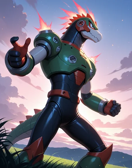 <lora:Reploid_(Mega_Man_X)_(Illustrious)_(AD):1.5> reploid, MMX, 
exterior, sky with clouds, grassy valley,
male focus, intense shadows, dynamic shadows, intricate details, attention to details, gradient coloring, bright vivid colors, robot, bent leg, glossy metal body, cowboy shot, reptile reploid, 
BREAK very awe, masterpiece, best quality, amazing quality, very aesthetic, highres, absurdres,  
EZRealPONYXL, zPDXL, Smooth Quality, lazynsfw,