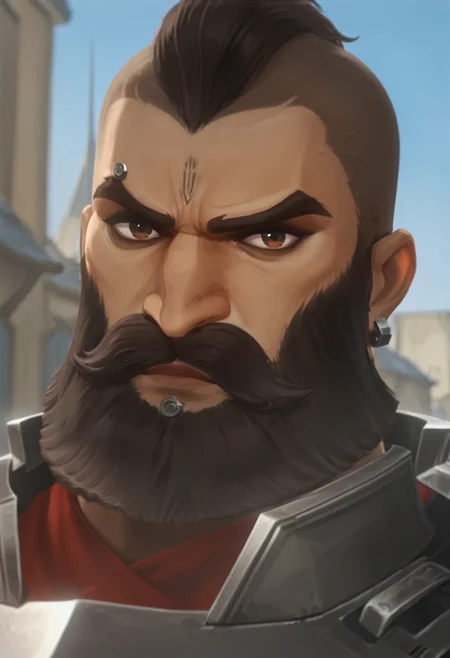 embedding:lazympos, 1boy, facial hair, male focus, short hair, rcts_arcn, mustache, armor, forehead tattoo, blurry_background, looking_at_viewer, closed_mouth, outdoors, blue sky, depth_of_field, portrait, building, single_earring, 