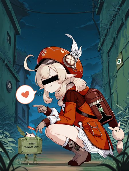 klee \(genshin impact\), 1girl, solo, smug, outdoors, night,squatting, from side, 
leaning forward, 
claymore \(mine\), front toward enemy,spoken letter, overgrown,
identity censor,
,masterpiece,best quality,amazing quality,    <lora:claymore_mine:0.8>