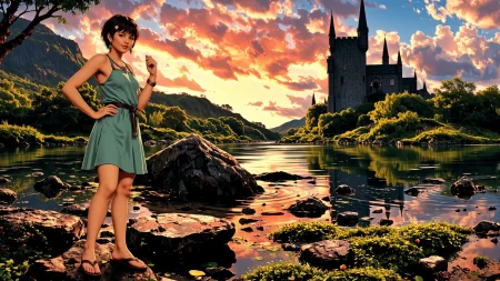 frohawk dark brown hair young woman, druid, illustration, comic, anime, extremely detailed, portrait, standing, happy smile, flower in hair, glossy lipstick, celtic necklace, stud earrings, loincloth, sandals,  Seafoam Green druid short dress, legs, sharp focus, fantasy, celtic landscape, small rock, moss, ripples, reflections, celtic  castle, small river pond, druid forest, druid village, stunning nature environment, enchanted land, clovers, Bright Chrome flowers, best quality, colorful, wet floor, bright sunny sky, sunset, raytracing, hdr, high contrast, ethereal natural lights, backlight, lens flare, shadows, vibrant colors, colorful, pretty, beautiful, happy, smiling, feminine, sexy, lovely, in love, adorable, fashion,  <lora:Hand v2:1> <lora:Anti-Blur:1><lora:Insane Detail Slider:0.5>  <lora:flux.1_lora_flyway_Epic-detail_v2:0.3><lora:fluxenhancer:0.5> <lora:RetroAnimeFluxV1:0.4> <lora:Luminous_Shadowscape:0.4>