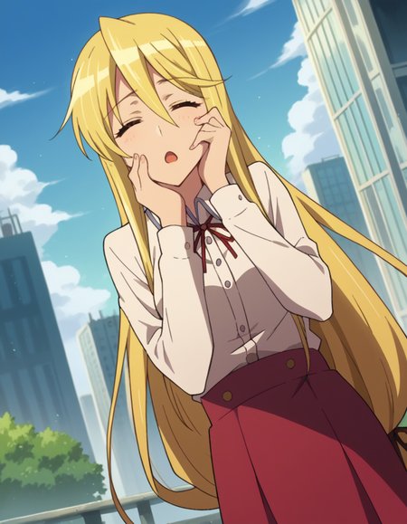 score_9, score_8_up, score_7_up, source_anime,
shizukamarikawa, <lora:shizuka-marikawa-ponyxl-lora-nochekaiser:1>,
shizuka marikawa, long hair, blonde hair, very long hair, low-tied long hair, closed eyes, hair between eyes, hand on own cheek, open mouth,
skirt, shirt, long sleeves, ribbon, white shirt, frills, centered frills,
outdoors, cityscape,
looking at viewer, cowboy shot, dutch angle,