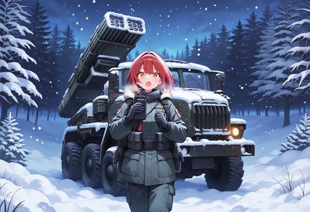 masterpiece, best quality, Graphic Design, color art, vibrant colors, intricate details, high contrast, detailed background, beautiful detailed, beautiful face, detailed eyes, detailed face, new, newest, 1girl, solo, military uniform, cowboy shot, holding walkie-talkie, open mouth, ur4l, truck, military vehicle, car, missile pod, outdoors, vehicle focus, winter, snow, snowing, headlights, dark, trees, night, 
