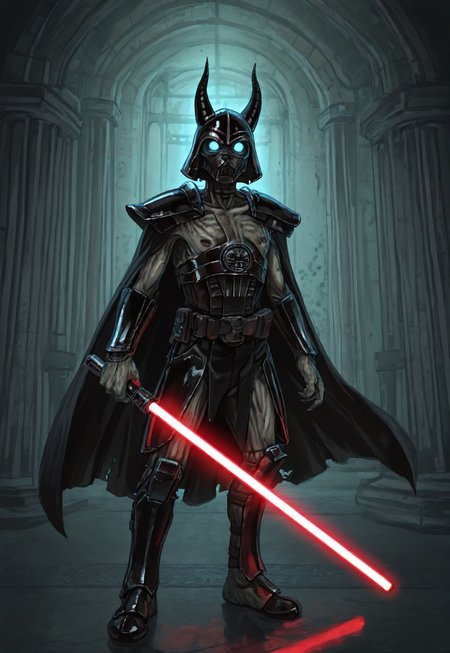 Masterpiece, absurdres, very aesthetic, best quality, highly detailed, newest, 8k, 1boy, solo, Dr4gr, SKRM, zombie skin, blue glowing eyes, shouder armor, horned Darth Vader helmet, long black cape, Darth Vader armor, red lightsaber, holding, nordic crypt, background, detailed background, 