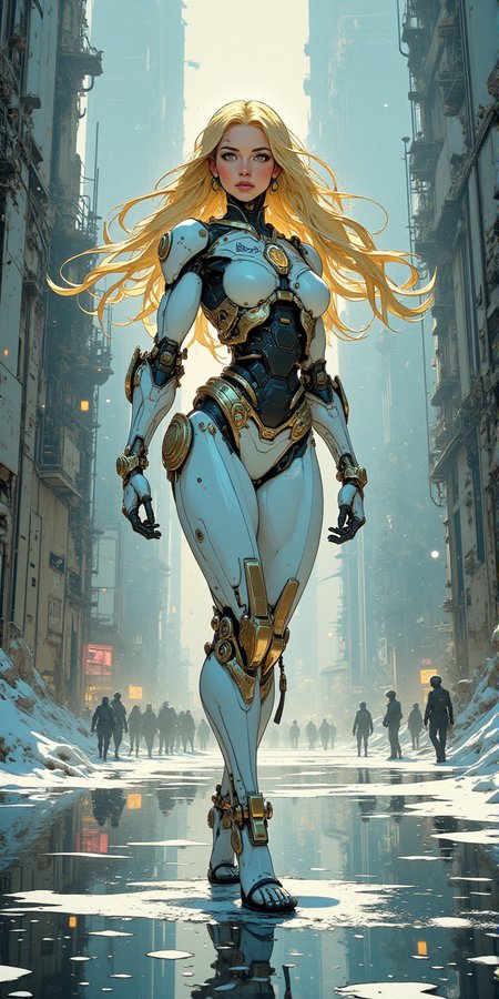 Hyper realistic painting, earie, volumetric light, dealicate and breathtaking, picture of dancing cyborg girl goddess of light and purity on top of industrial ruins of frozen planet, robotic body cyborg, cyberpunk white robotic body suit, shining long golden hair, ground water reflections, neons shining on the night rain droplets, holy aura, (anime artwork by grag rutkowski & mucha & wlop:1.2) <lora:BLUE_mk4_angel_FLUX_01:1.4>  <lora:dieselpunk-delight:1> <lora:CPA:1>