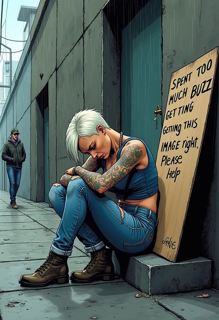 score_9, score_8_up, score_7_up, ultra detailed comic art, tattooed woman sitting on concrete steps, torn denim, blue and silver sleeveless top, short platinum blonde hair, arms covered in tattoos, lightning bolt tattoos, curled up, face hiding behind knees, defeated pose, large cardboard sign leaning on concrete wall next to woman, "Spent too much Buzz getting this image right. Please help," (1.8),  busy sidewalk in foreground, pedestrian walking by out of focus, broken down, dystopian color palette, rainy skies, sulfur lighting, no signatures