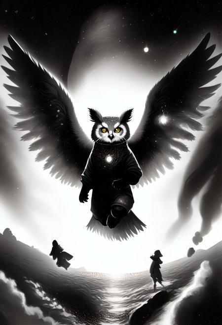 Score_9, Score_8_up, Score_7_up, lora:Navi_Celestial_Skin_PonyXL:1.1 nv-celestialskin, redpandafolk, rabbitfolk, owlfolk, foxfolk, sketch, monochrome, greyscale, YR_GradLight, 0u73r5p4c3, space, planet, nebula, galaxy, asteroid, GalaxyTelepurteSDXL, StarrySkies, scenery, stars (sky), background, night sky, vibrant colored skin, void cosmic body, deep black skin, ethereal silhouette, nebula patterns, animal theme focus, majestic owl